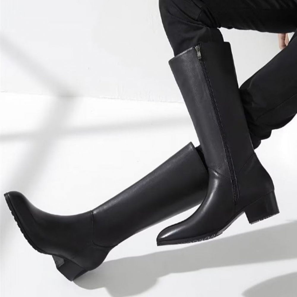 Bottes Pour Hommes Cuir À Talons Hauts Bout Pointu Chic - Noir