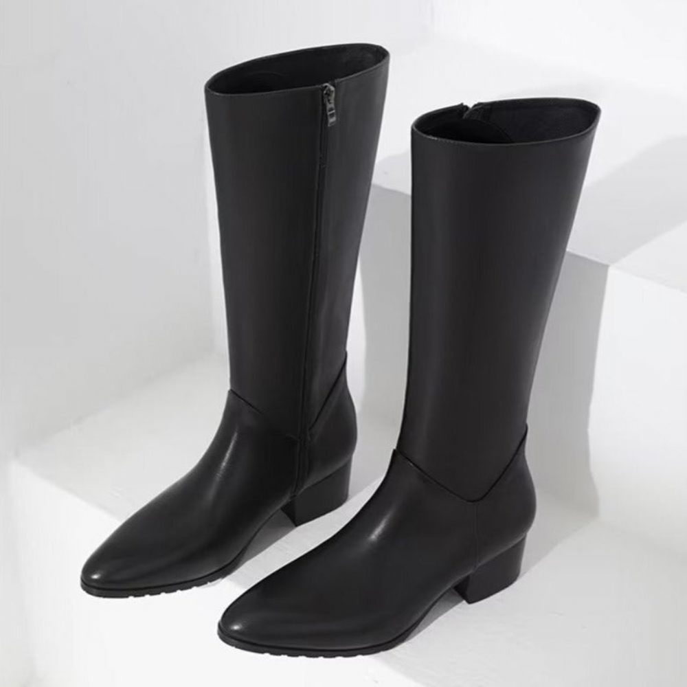 Bottes Pour Hommes Cuir À Talons Hauts Bout Pointu Chic - Noir