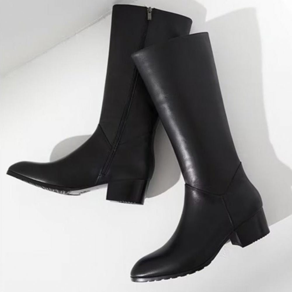 Bottes Pour Hommes Cuir À Talons Hauts Bout Pointu Chic - Noir