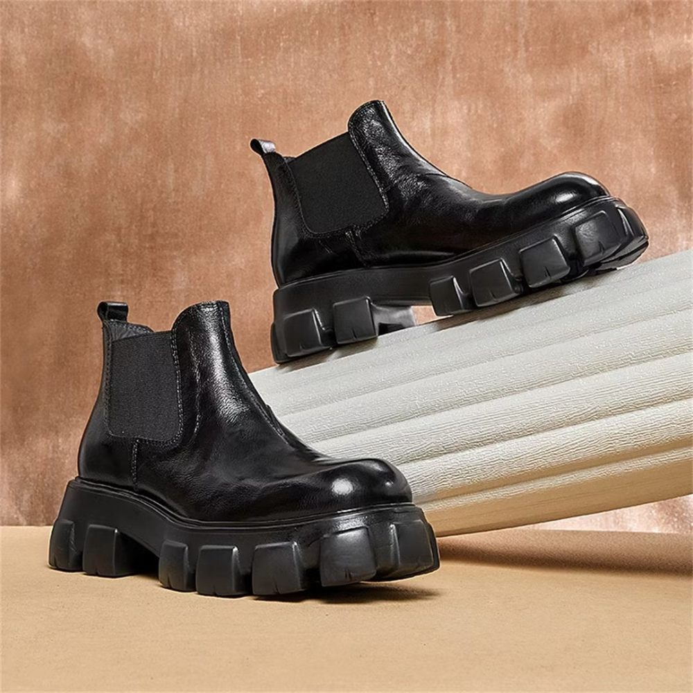 Bottes Pour Hommes Élégantes Martin Courtes Cuir Vache À Fermeture Éclair - Noir