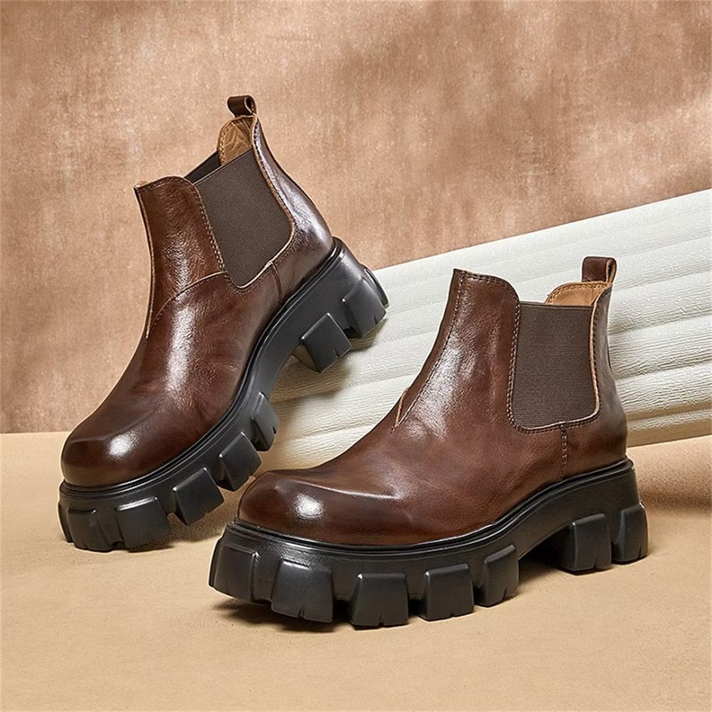 Bottes Pour Hommes Élégantes Martin Courtes Cuir Vache À Fermeture Éclair - Marron