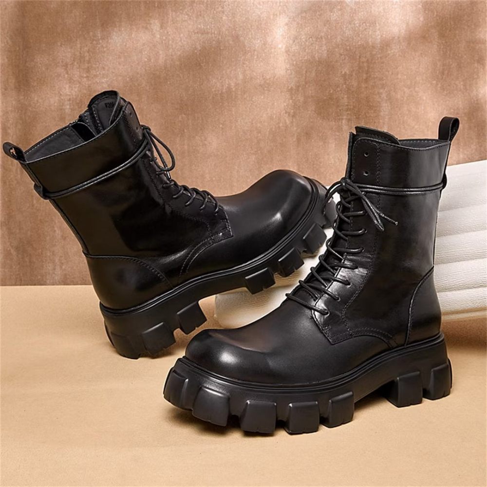 Bottes Pour Hommes Élégantes Vintage Cuir Vache Courte Fermeture Éclair Martin Classiques - Noir