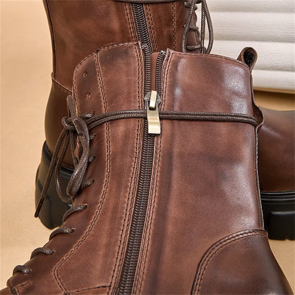 Bottes Pour Hommes Élégantes Vintage Cuir Vache Courte Fermeture Éclair Martin Classiques - Noir