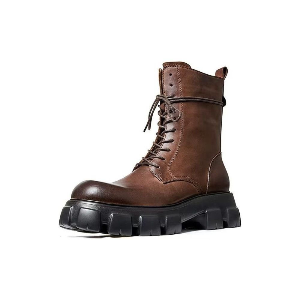 Bottes Pour Hommes Élégantes Vintage Cuir Vache Courte Fermeture Éclair Martin Classiques - Marron