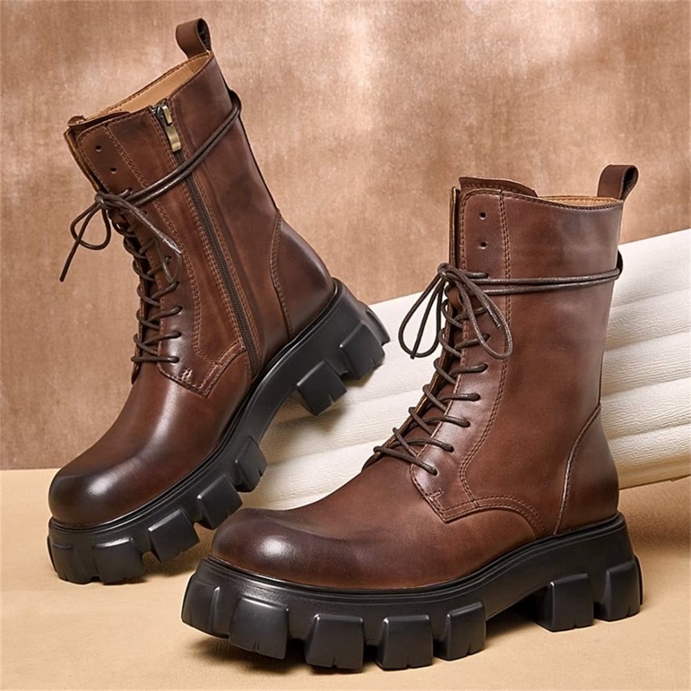 Bottes Pour Hommes Élégantes Vintage Cuir Vache Courte Fermeture Éclair Martin Classiques - Marron