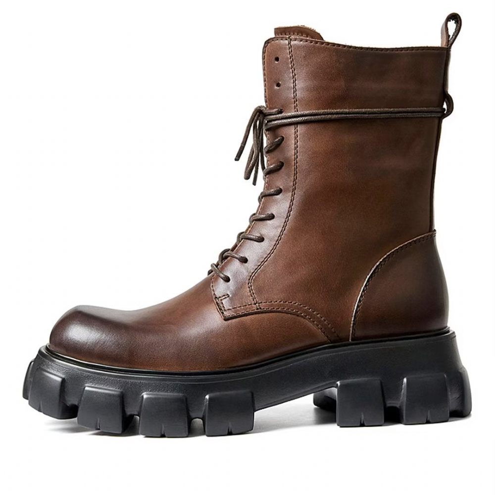 Bottes Pour Hommes Élégantes Vintage Cuir Vache Courte Fermeture Éclair Martin Classiques - Marron