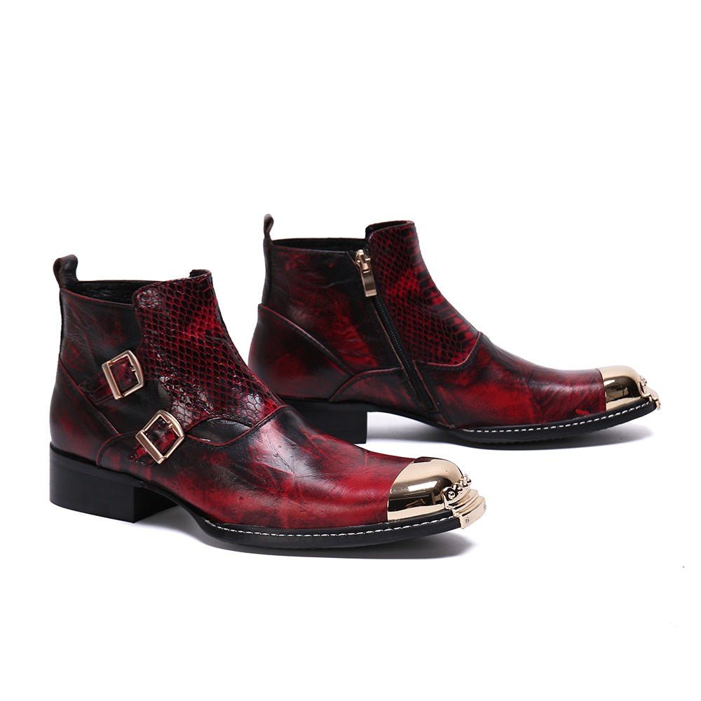 Bottes Pour Hommes Glamourlux Mocassins Habillés À Bout Métallique Peau Serpent - Rouge