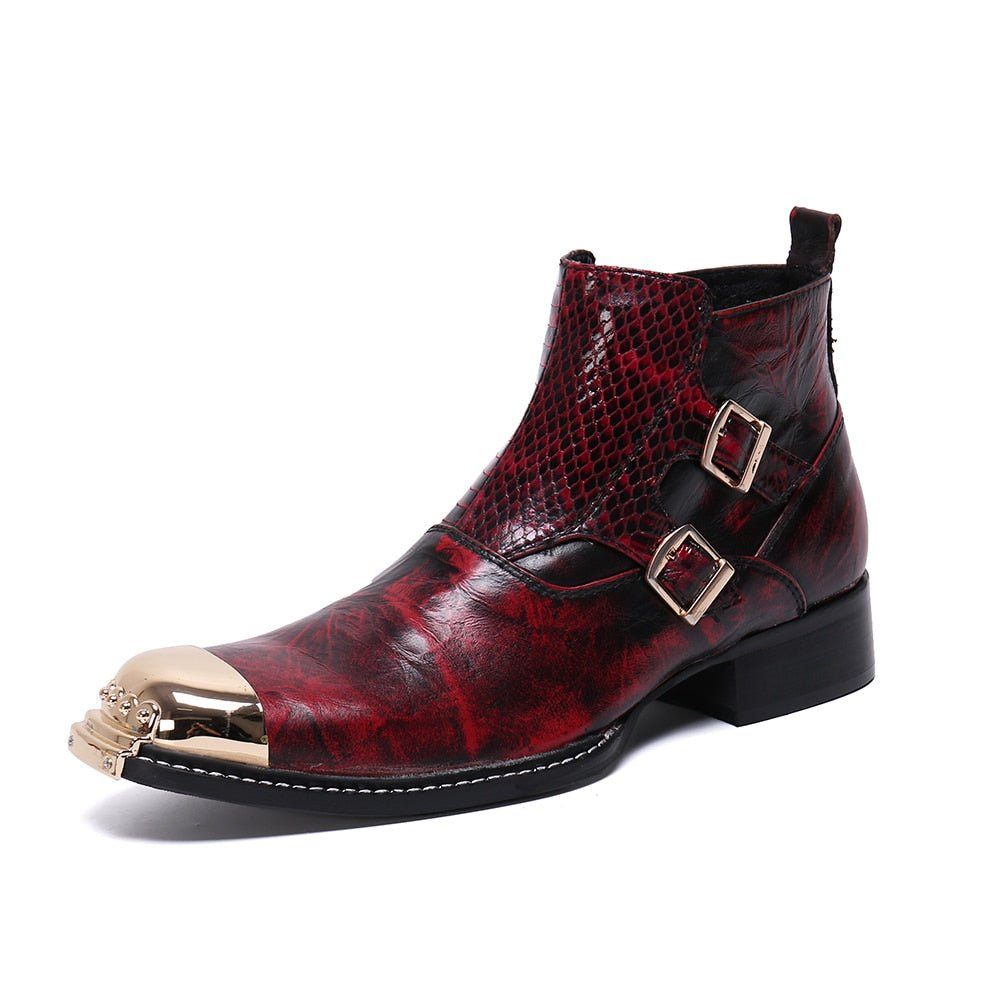 Bottes Pour Hommes Glamourlux Mocassins Habillés À Bout Métallique Peau Serpent - Rouge