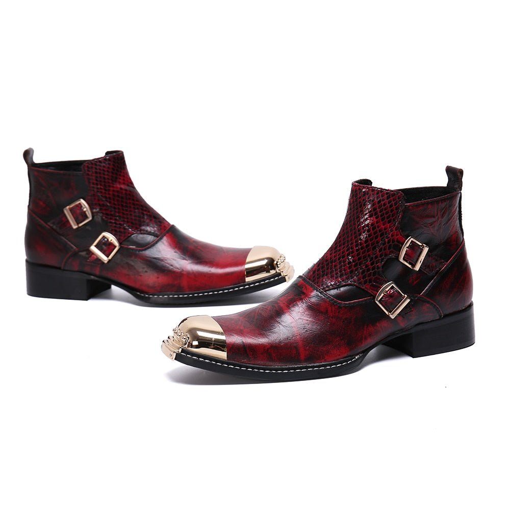 Bottes Pour Hommes Glamourlux Mocassins Habillés À Bout Métallique Peau Serpent - Rouge