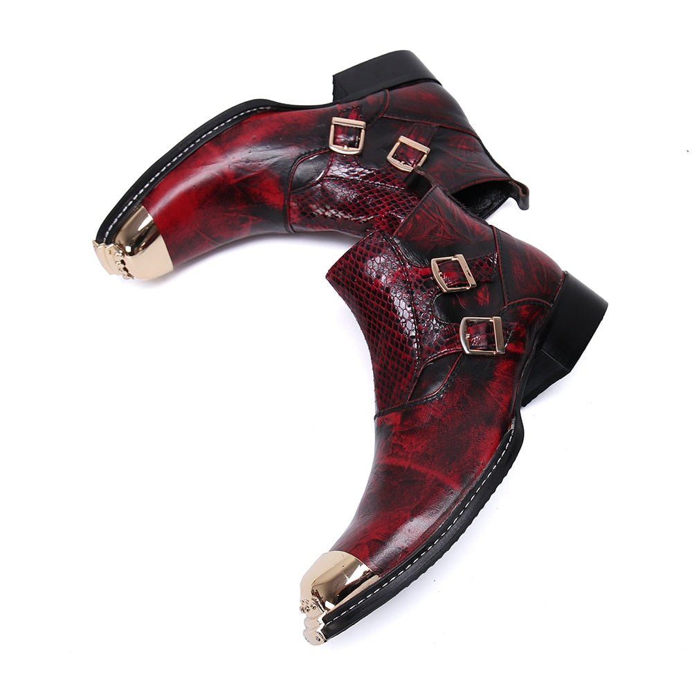 Bottes Pour Hommes Glamourlux Mocassins Habillés À Bout Métallique Peau Serpent - Rouge