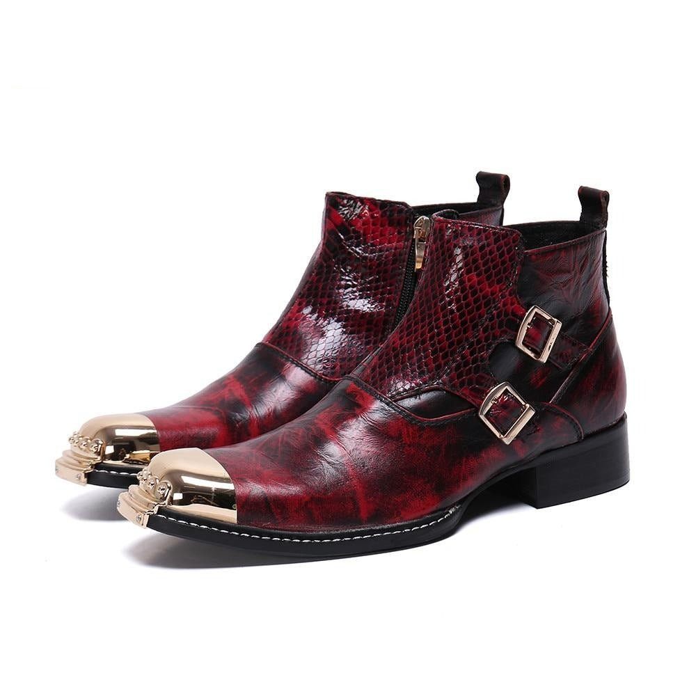 Bottes Pour Hommes Glamourlux Mocassins Habillés À Bout Métallique Peau Serpent - Rouge