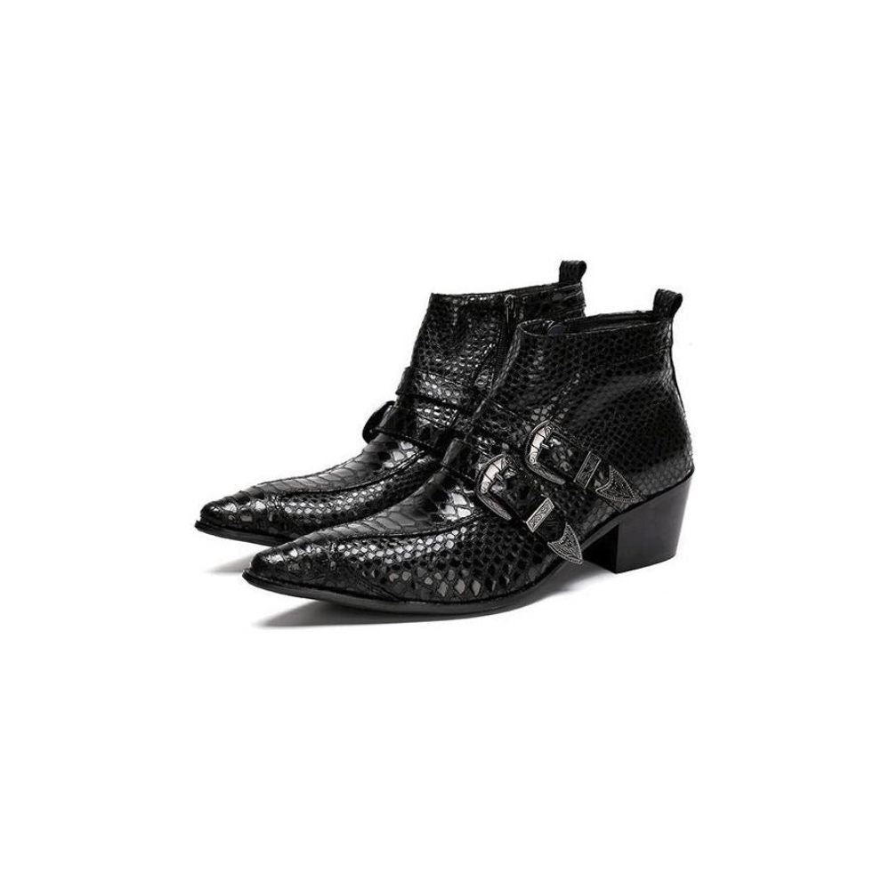 Bottes Pour Hommes À Glissière Bout Pointu Peau Serpent Exquise - Noir