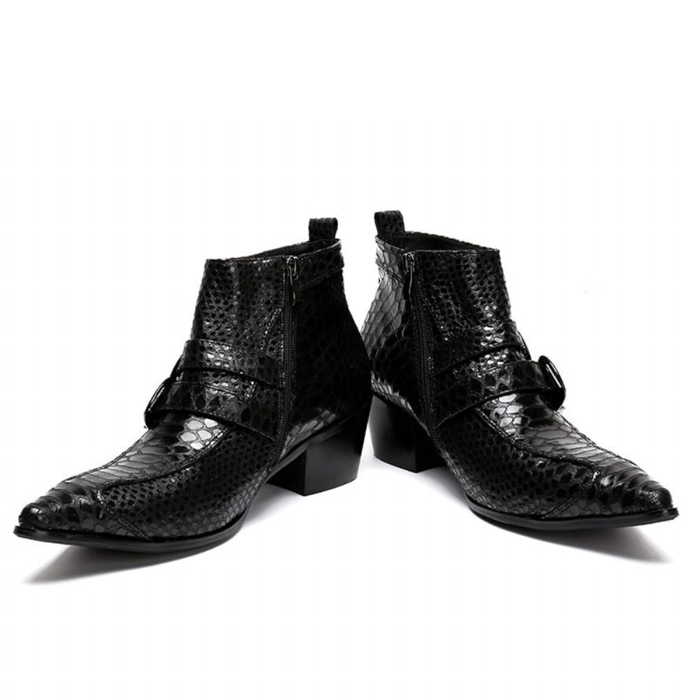 Bottes Pour Hommes À Glissière Bout Pointu Peau Serpent Exquise - Noir