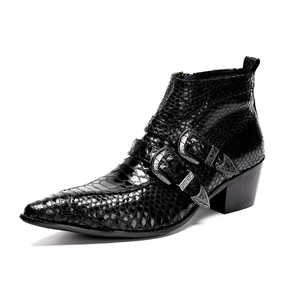 Bottes Pour Hommes À Glissière Bout Pointu Peau Serpent Exquise - Noir