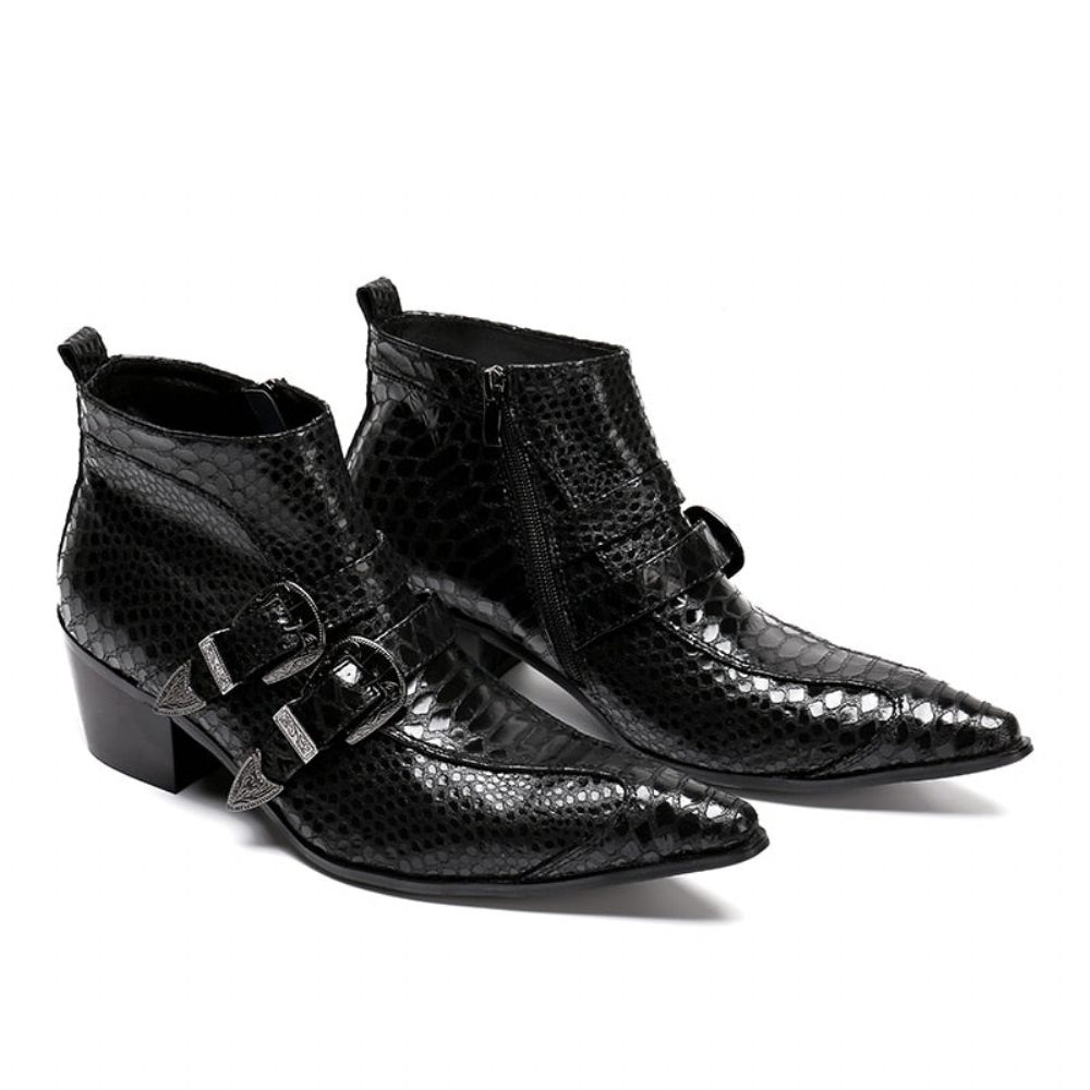 Bottes Pour Hommes À Glissière Bout Pointu Peau Serpent Exquise - Noir