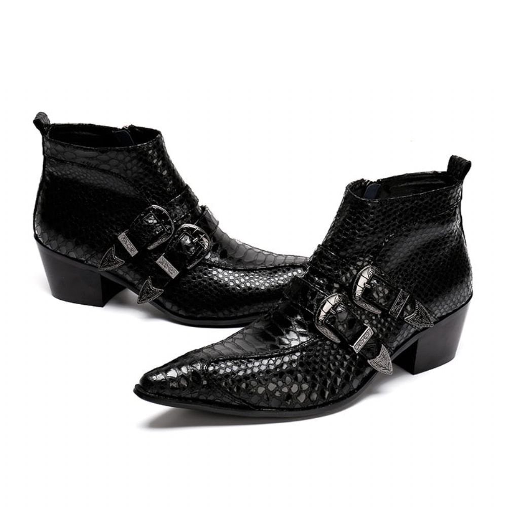 Bottes Pour Hommes À Glissière Bout Pointu Peau Serpent Exquise - Noir