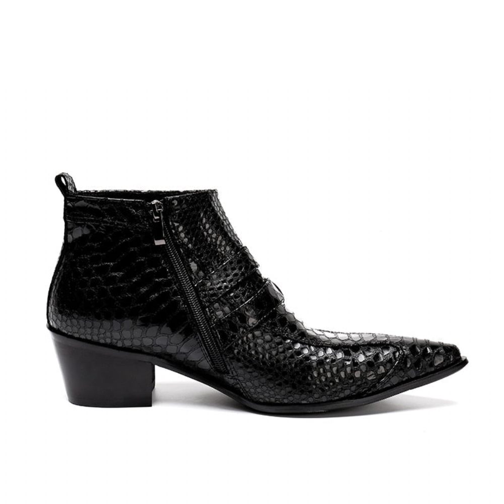 Bottes Pour Hommes À Glissière Bout Pointu Peau Serpent Exquise - Noir