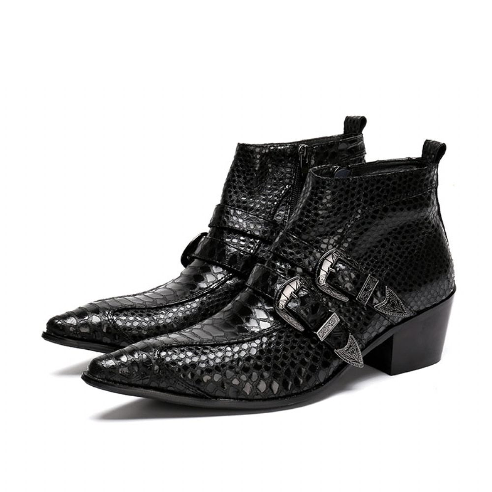 Bottes Pour Hommes À Glissière Bout Pointu Peau Serpent Exquise - Noir