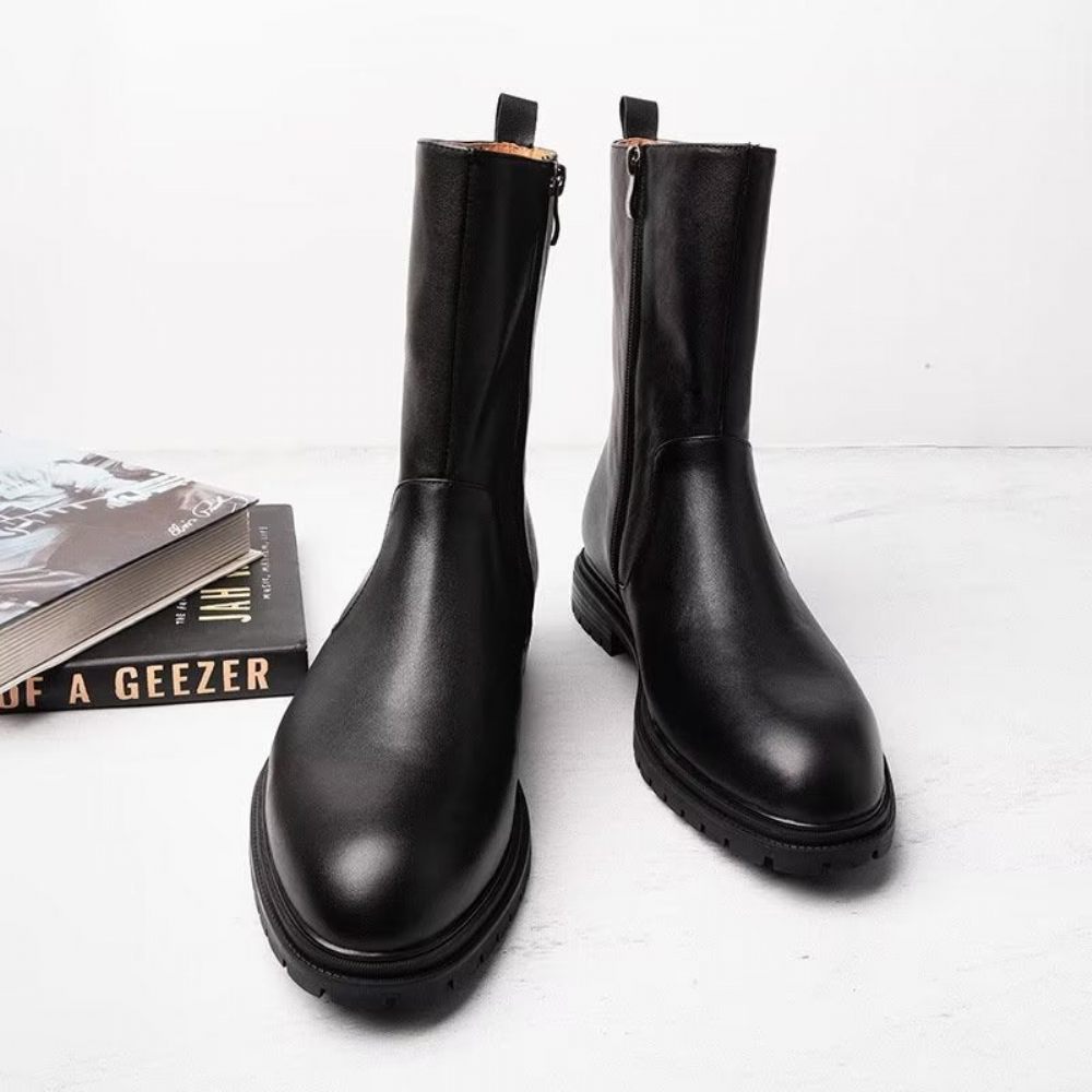 Bottes Pour Hommes À Glissière Cuir Véritable - Noir