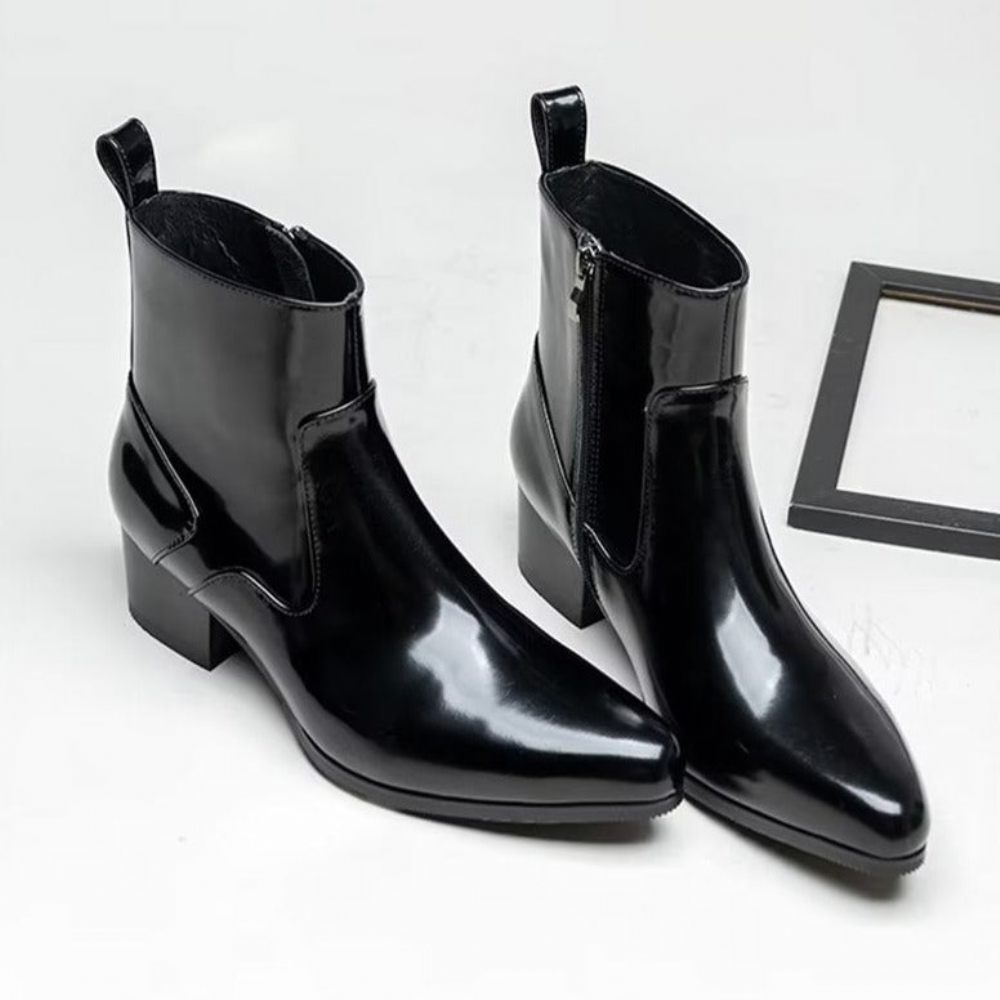 Bottes Pour Hommes Habillées Chics Cuir Véritable À Bout Pointu - Noir