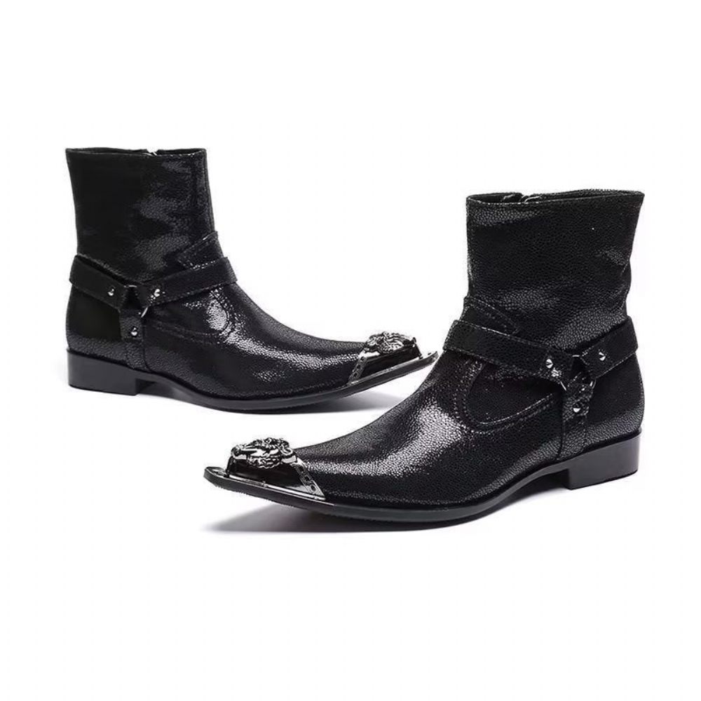 Bottes Pour Hommes Habillées Cuir Gaufré Croco Exquises - Noir