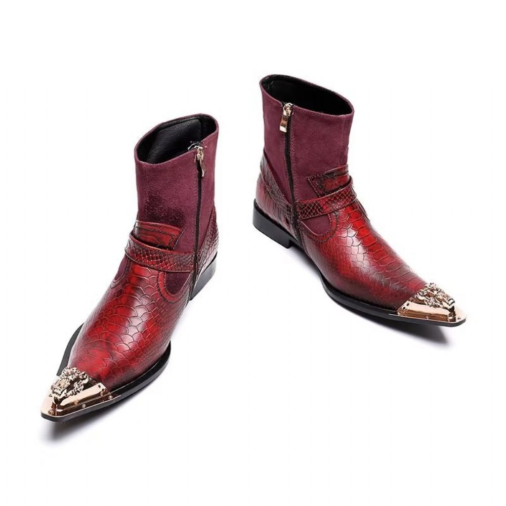 Bottes Pour Hommes Habillées Cuir Gaufré Croco Exquises - Rouge