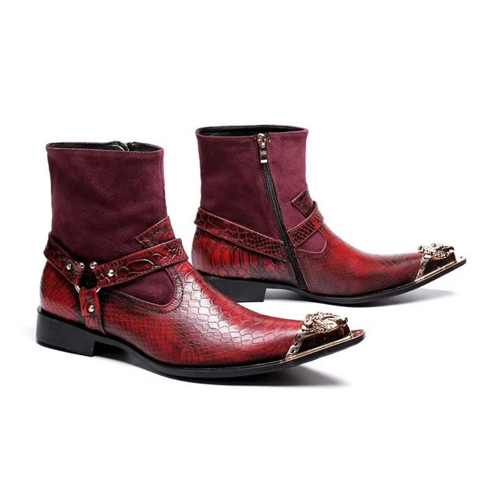 Bottes Pour Hommes Habillées Cuir Gaufré Croco Exquises - Rouge