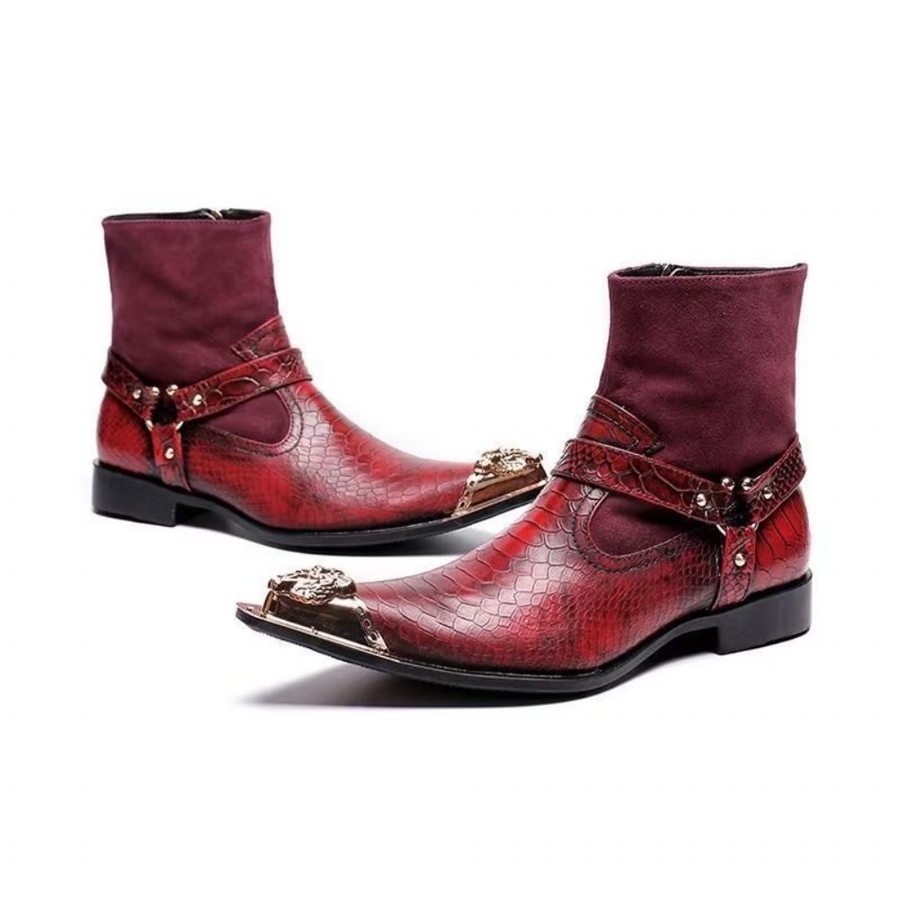 Bottes Pour Hommes Habillées Cuir Gaufré Croco Exquises - Rouge