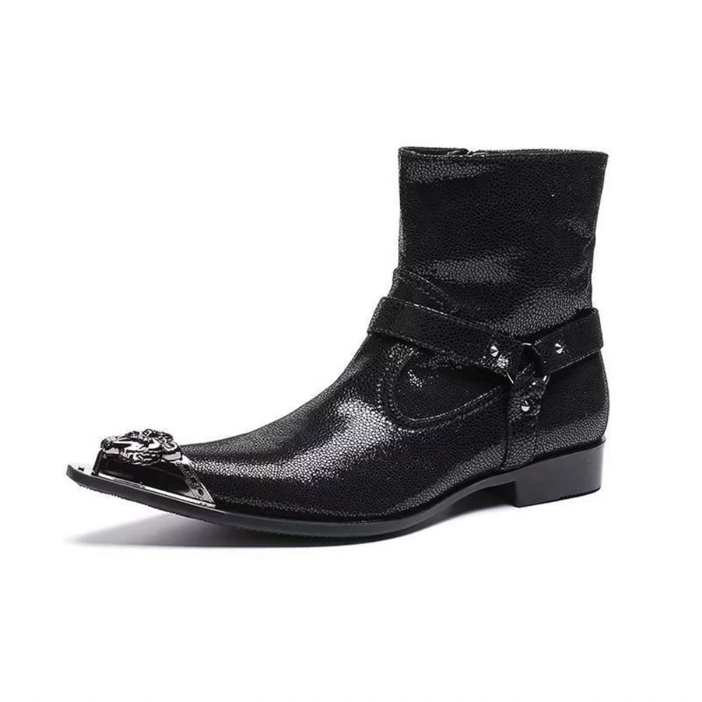 Bottes Pour Hommes Habillées Cuir Gaufré Croco Exquises - Noir