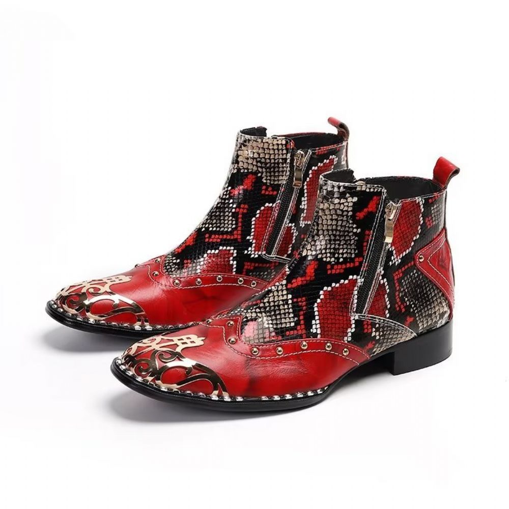 Bottes Pour Hommes Habillées Cuir Peau Serpent Exotique - Rouge