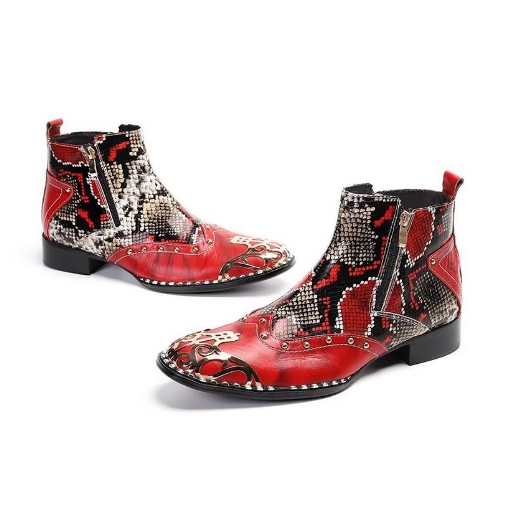 Bottes Pour Hommes Habillées Cuir Peau Serpent Exotique - Rouge