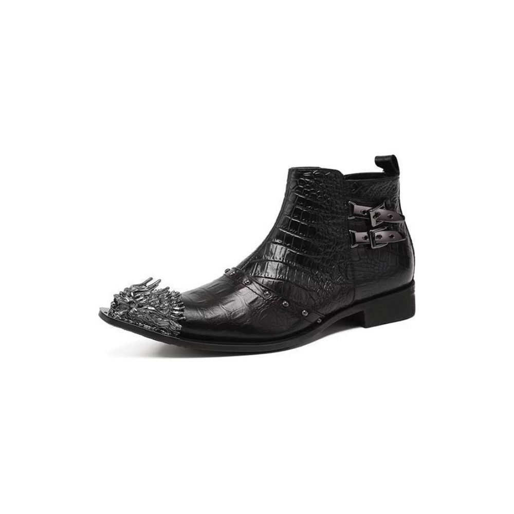 Bottes Pour Hommes Habillées Cuir À Texture Croco Exquises - Noir