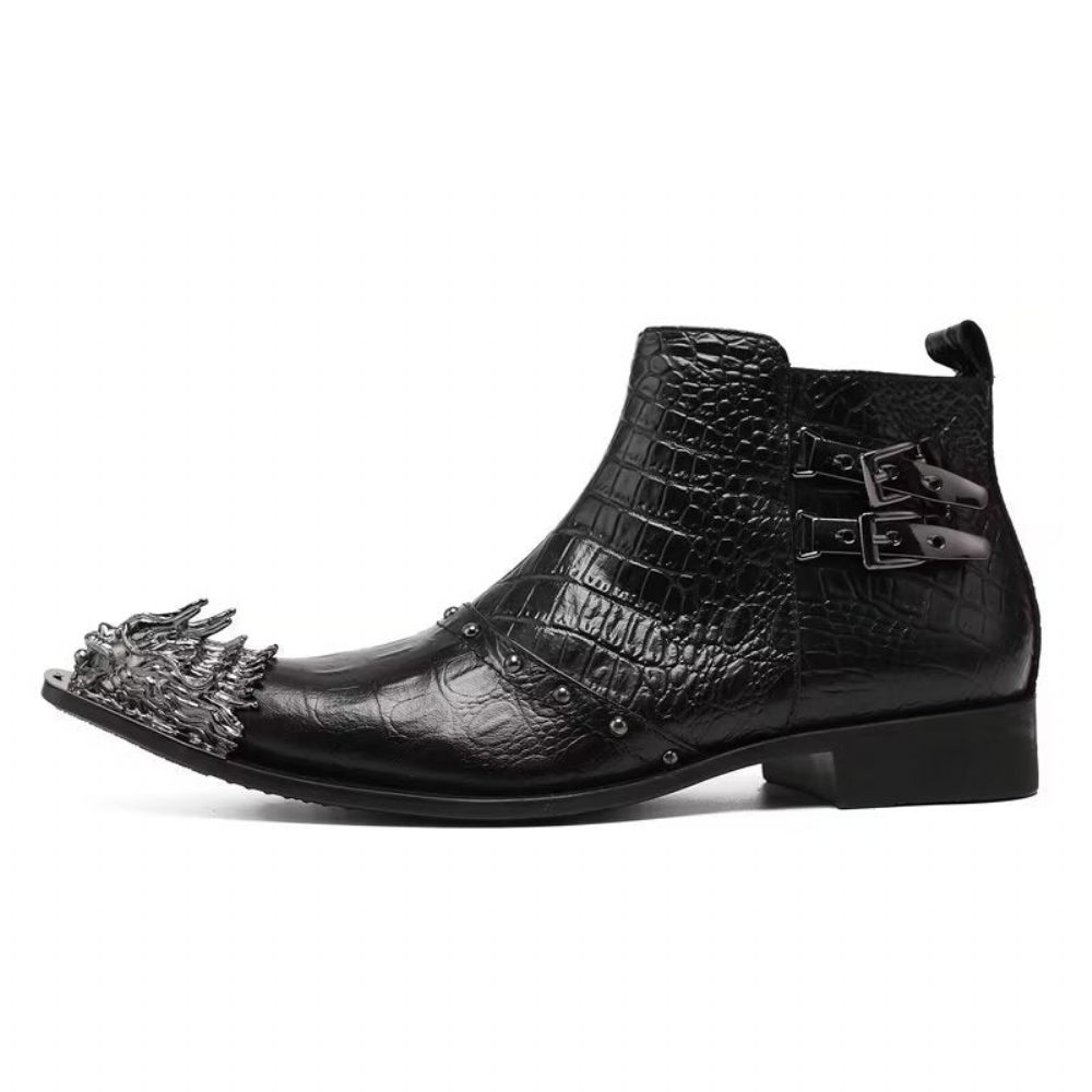 Bottes Pour Hommes Habillées Cuir À Texture Croco Exquises - Noir