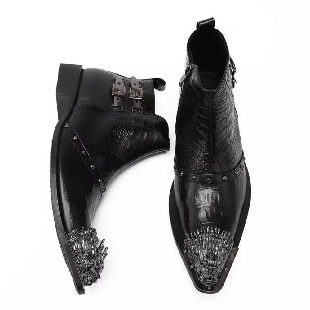 Bottes Pour Hommes Habillées Cuir À Texture Croco Exquises - Noir