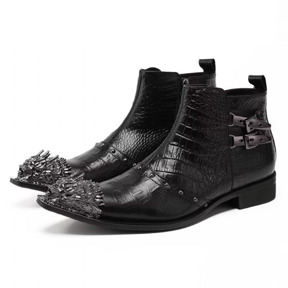 Bottes Pour Hommes Habillées Cuir À Texture Croco Exquises - Noir