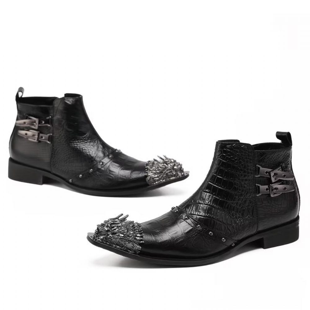 Bottes Pour Hommes Habillées Cuir À Texture Croco Exquises - Noir