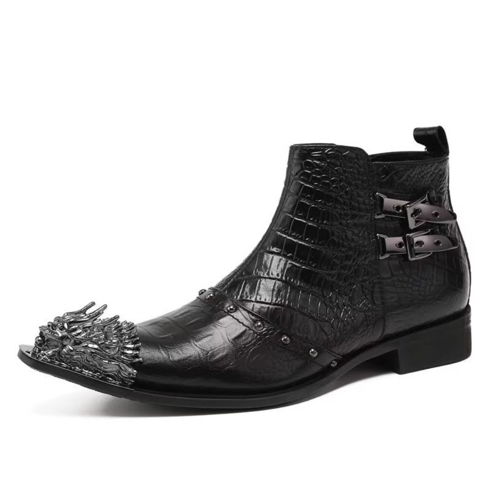 Bottes Pour Hommes Habillées Cuir À Texture Croco Exquises - Noir