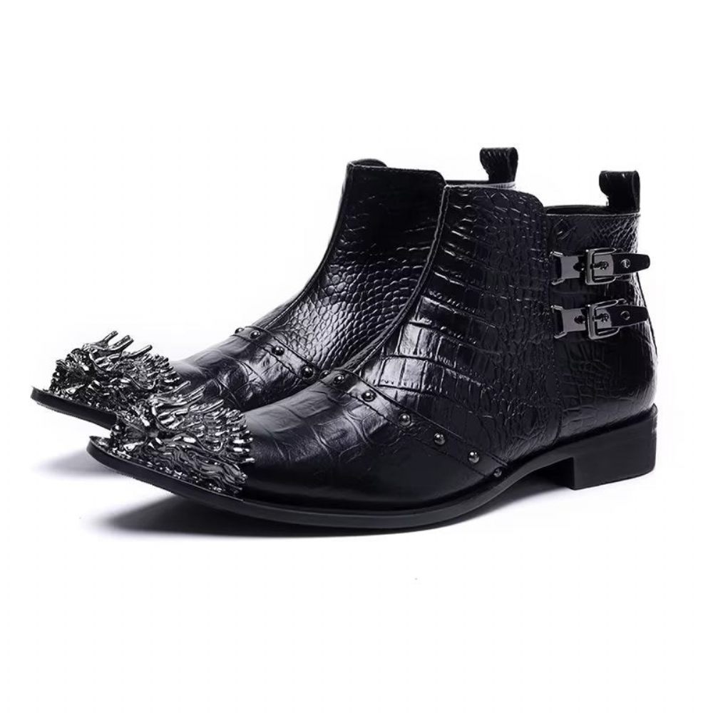 Bottes Pour Hommes Habillées Cuir À Texture Croco Exquises - Noir