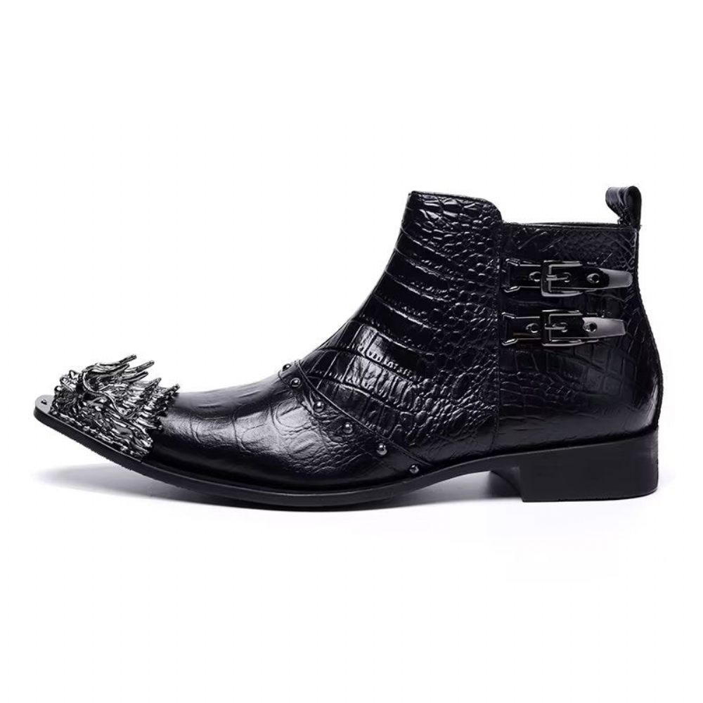 Bottes Pour Hommes Habillées Cuir À Texture Croco Exquises - Noir