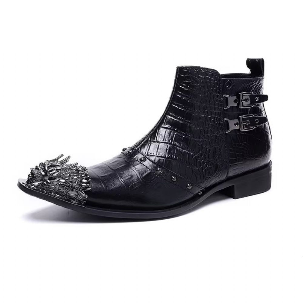 Bottes Pour Hommes Habillées Cuir À Texture Croco Exquises - Noir