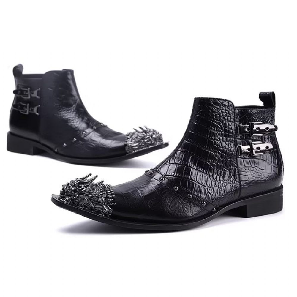 Bottes Pour Hommes Habillées Cuir À Texture Croco Exquises - Noir