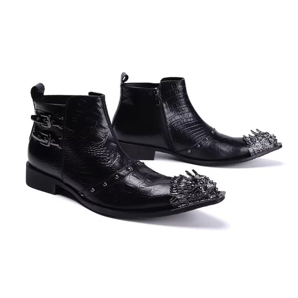 Bottes Pour Hommes Habillées Cuir À Texture Croco Exquises - Noir