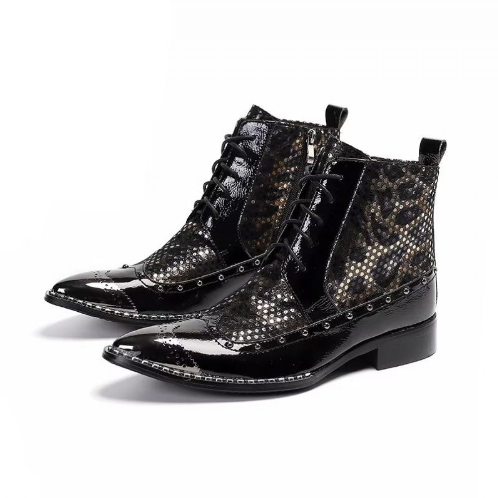 Bottes Pour Hommes Habillées Cuir Véritable À Motif Exotique - Noir