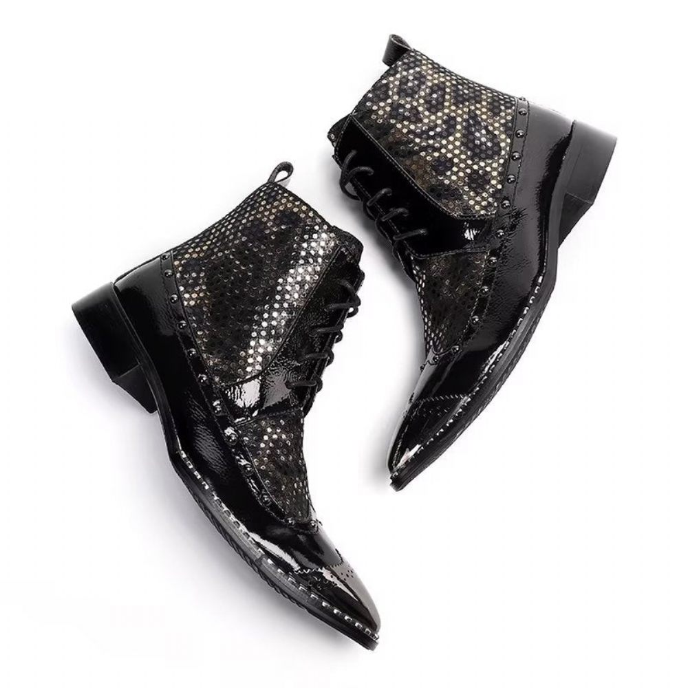 Bottes Pour Hommes Habillées Cuir Véritable À Motif Exotique - Noir