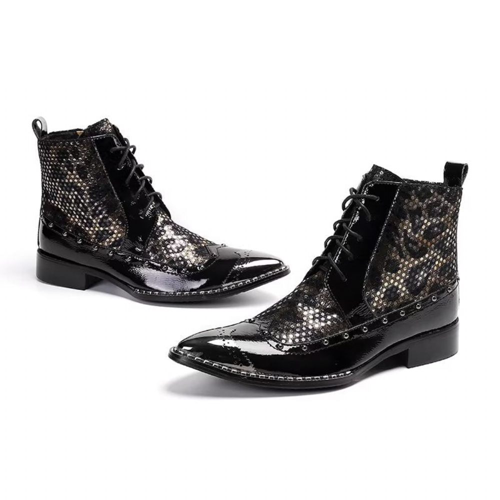 Bottes Pour Hommes Habillées Cuir Véritable À Motif Exotique - Noir