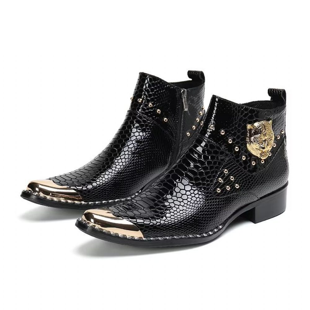 Bottes Pour Hommes Habillées Cuir Véritable Texture Croco - Noir