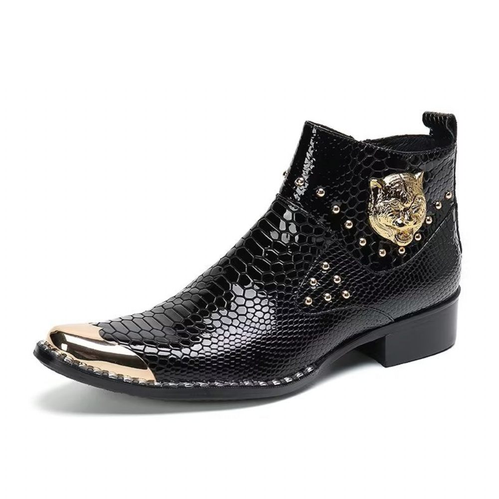 Bottes Pour Hommes Habillées Cuir Véritable Texture Croco - Noir