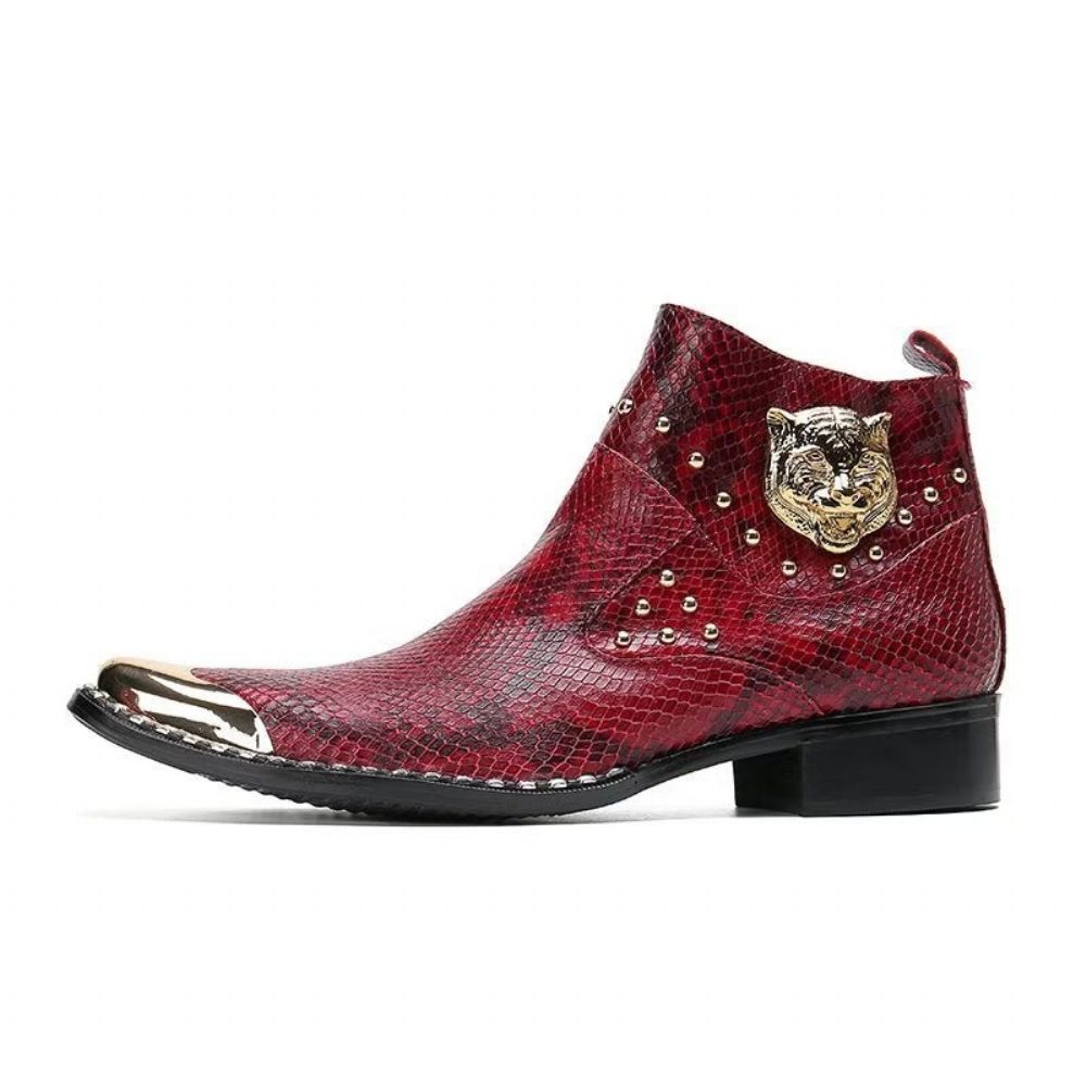 Bottes Pour Hommes Habillées Cuir Véritable Texture Croco - Rouge