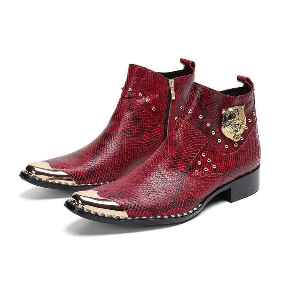 Bottes Pour Hommes Habillées Cuir Véritable Texture Croco - Rouge