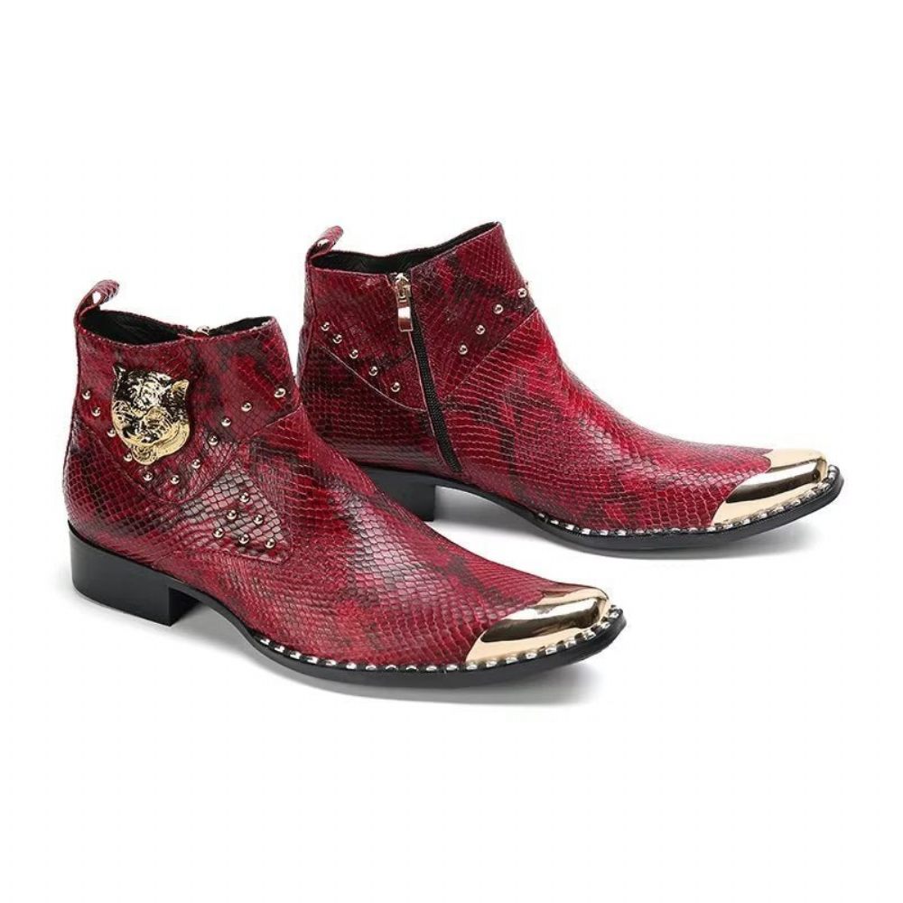 Bottes Pour Hommes Habillées Cuir Véritable Texture Croco - Rouge